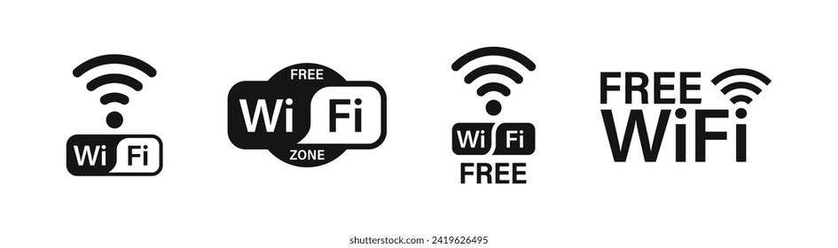 Free Wi-Fi. WiFi icon set. Internet connection symbols. Wireless internet symbols. Wifi zone