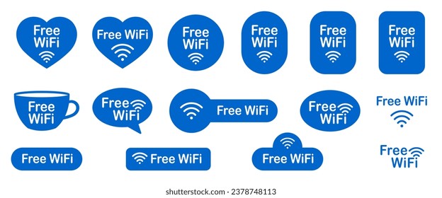 Free WiFi icons. Set of blue stickers. Free Wi-Fi zone. Speech bubble, coffee cup, heart. Public internet