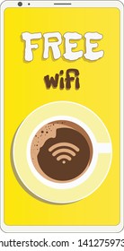Free wifi image  inside the coffee cup on a mobile phone screen
