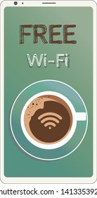 Free wifi image  inside the coffee cup on a mobile phone screen