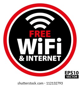 Free Wifi And Internet Black Circle Sign With Red Border - EPS10 Vector