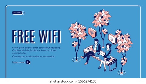 Free wifi isometric landing page, people sitting on bench in park with hotspot public access zone using wireless internet, chatting in social media networks. 3d vector web banner template, line art