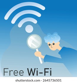 Free Wi-Fi. Man with magnifying glass looking at Wi-Fi icon. Vector image of character. Searching for internet connection.