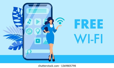 Free Wifi, Mobile Internet Vector Banner Concept. Businesswoman Holding Wireless Connection Symbol Cartoon Character. Public Online Access Zone Illustration with Typography. Smartphone, Woman, Leaves