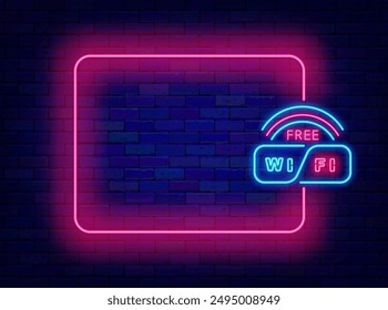 Free Wifi neon advertising. Internet online. Empty pink frame and label. Copy space. Vector stock illustration