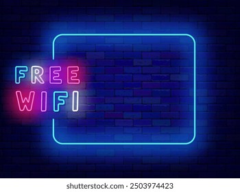 Free wifi neon banner. Internet online. Empty blue frame and handwritten colorful text. Simple flyer. Glowing typography. Copy space. Editing text. Vector stock illustration