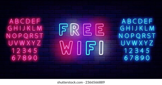 Free Wifi neon label. Glowing internet label for cafe and bar. Shiny blue and pink alphabet. Colorful handwritten text Light poster on brick wall. Editable stroke. Vector stock illustration