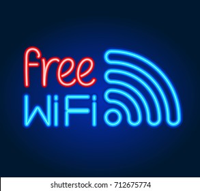 Free Wifi - neon sign. Wireless internet access point. Vector illustration.
