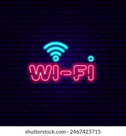 Free Wifi neon signboard, nightly bright advertising, light inscription. Vector illustration
