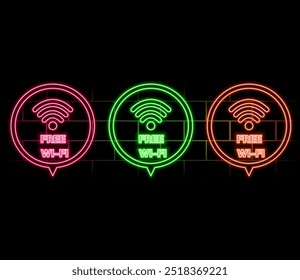 Free Wifi neon signboard on brick wall. Colorful internet badge for cafe and bar. Circle badge with ribbon. Outer glowing effect poster on brick wall. Editable stroke. Vector stock illustration.