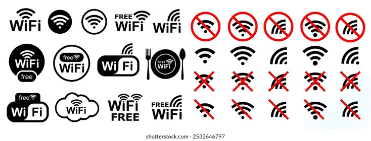 free wifi and no wifi icon set large collection. vector logo for cafe, hotel, restaurant, office, hospital. free internet and no network icons collection. network, hotspot, free service, public wifi