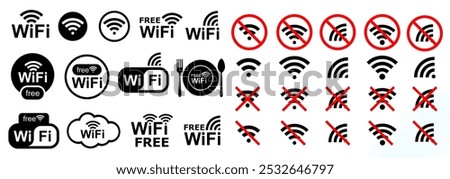 free wifi and no wifi icon set large collection. vector logo for cafe, hotel, restaurant, office, hospital. free internet and no network icons collection. network, hotspot, free service, public wifi