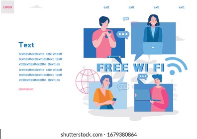 Free Wifi, people chatting in internet, students use phones and laptops for networking, stay home be online concept. Vector illustration for web banner, infographics, mobile