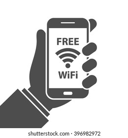 Free wifi sign concept. Hand holding mobile phone with free wifi text and wifi symbol on the display