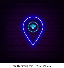 Free wifi sign poster, connection, glow neon blue text, on brick wall background, for nightclub, bar.