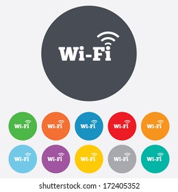 Free wifi sign. Wifi symbol. Wireless Network icon. Wifi zone. Round colourful 11 buttons. Vector