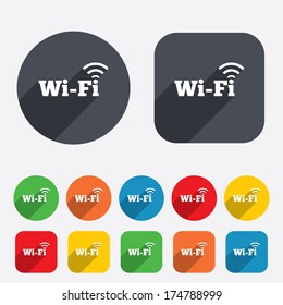 Free wifi sign. Wifi symbol. Wireless Network icon. Wifi zone. Circles and rounded squares 12 buttons. Vector