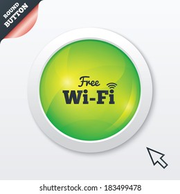 Free wifi sign. Wifi symbol. Wireless Network icon. Wifi zone. Green shiny button. Modern UI website button with mouse cursor pointer. Vector