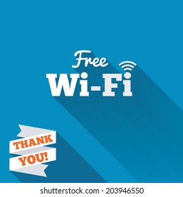 Free wifi sign. Wifi symbol. Wireless Network icon. Wifi zone. White flat icon with long shadow. Paper ribbon label with Thank you text. Vector