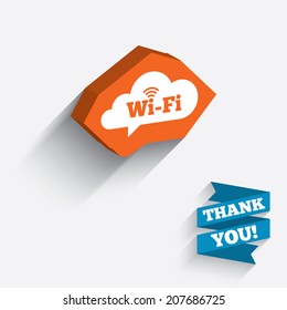Free wifi sign. Wifi symbol. Wireless Network icon. Wifi zone. White icon on orange 3D piece of wall. Carved in stone with long flat shadow. Vector
