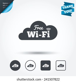 Free wifi sign. Wifi symbol. Wireless Network icon. Wifi zone. Circle and square buttons. Flat design set. Thank you ribbon. Vector