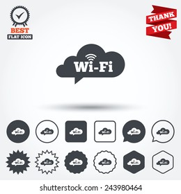 Free wifi sign. Wifi symbol. Wireless Network icon. Wifi zone. Circle, star, speech bubble and square buttons. Award medal with check mark. Thank you. Vector