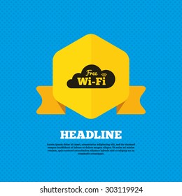 Free wifi sign. Wifi symbol. Wireless Network icon. Wifi zone. Yellow label tag. Circles seamless pattern on back. Vector