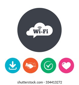 Free wifi sign. Wifi symbol. Wireless Network icon. Wifi zone. Download arrow, handshake, tick and heart. Flat circle buttons.