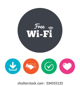 Free wifi sign. Wifi symbol. Wireless Network icon. Wifi zone. Download arrow, handshake, tick and heart. Flat circle buttons.