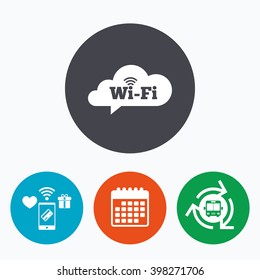 Free wifi sign. Wifi symbol. Wireless Network icon. Wifi zone. Mobile payments, calendar and wifi icons. Bus shuttle.