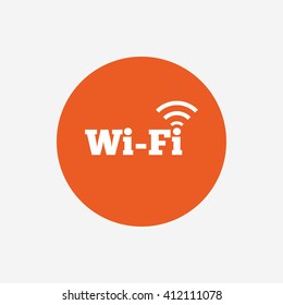 Free wifi sign. Wifi symbol. Wireless Network icon. Wifi zone. Orange circle button with icon. Vector