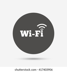 Free wifi sign. Wifi symbol. Wireless Network icon. Wifi zone. Gray circle button with icon. Vector