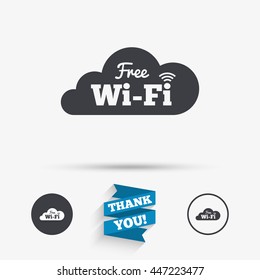 Free wifi sign. Wifi symbol. Wireless Network icon. Wifi zone. Flat icons. Buttons with icons. Thank you ribbon. Vector
