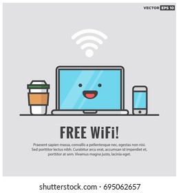 Free Wifi Sign WithSmiling Face Laptop Coffee and Phone Text Template