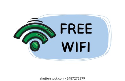 WiFi gratuito. Sencilla pegatina de Vector con señal de recepción y texto. Elemento dibujado a mano editable para decoración, diseño, Anuncio, Sitio web e impresión