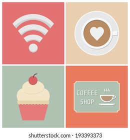 free wifi symbol, cup of coffee, cake andsign, flat style