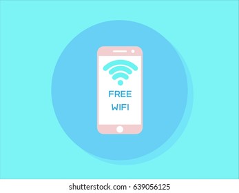 Free wifi text in pink smartphone and blue wifi symbols on blue background,wifi vector