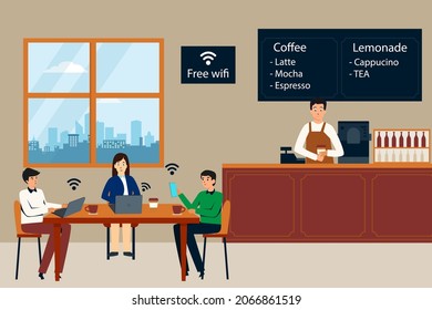 Free wifi vector concept. Group of teenager enjoying leisure time together while connecting wifi in the cafe