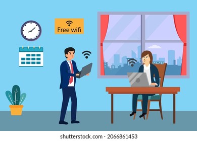 Free wifi vector concept. Two business people connecting wife