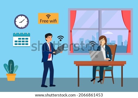 Free wifi vector concept. Two business people connecting wife