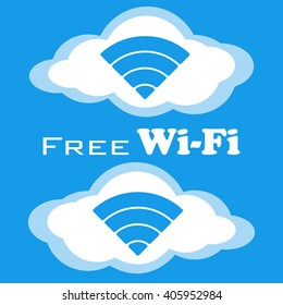 Free wifi vector icon. Wireless Network icon. White and blue flat cloud buttons with wi-fi symbol. Modern UI element. Vector illustration.