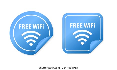 Free wi-fi vector label. Round and square sticker on a white background. Free wifi zone blue icon. Free wifi here sign concept. Vector illustration