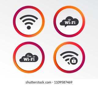Free Wifi Wireless Network cloud speech bubble icons. Wi-fi zone locked symbols. Password protected Wi-fi sign. Infographic design buttons. Circle templates. Vector