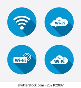 Free Wifi Wireless Network cloud speech bubble icons. Wi-fi zone sign symbols. Circle concept web buttons. Vector