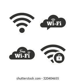 Free Wifi Wireless Network cloud speech bubble icons. Wi-fi zone locked symbols. Password protected Wi-fi sign. Flat icons on white. Vector