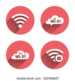 Free Wifi Wireless Network cloud speech bubble icons. Wi-fi zone locked symbols. Password protected Wi-fi sign. Pink circles flat buttons with shadow. Vector