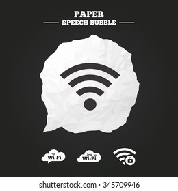 Free Wifi Wireless Network cloud speech bubble icons. Wi-fi zone locked symbols. Password protected Wi-fi sign. Paper speech bubble with icon.