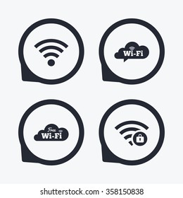 Free Wifi Wireless Network cloud speech bubble icons. Wi-fi zone locked symbols. Password protected Wi-fi sign. Flat icon pointers.