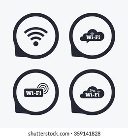 Free Wifi Wireless Network cloud speech bubble icons. Wi-fi zone sign symbols. Flat icon pointers.