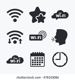 Free Wifi Wireless Network cloud speech bubble icons. Wi-fi zone sign symbols. Wifi internet, favorite stars, calendar and clock. Talking head. Vector